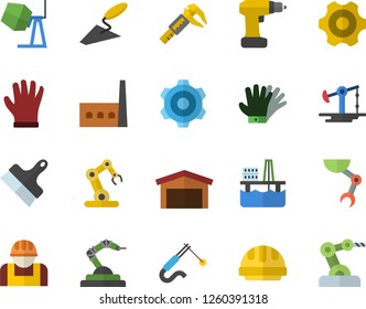 Color flat icon set concrete mixer flat vector, trowel, cogwheel, drill screwdriver, hard hat, putty knife, gloves, oil production platform, pumping, trammel, manufactory, construction worker