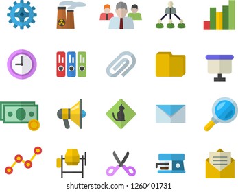 Color flat icon set concrete mixer flat vector, scissors, coffee machine, cogwheel, magnifier, chart, cash, team, scatter, flipchart, clip, clock, computer file, folder, hierarchy, mail, mouthpiece