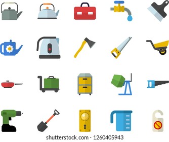 Color flat icon set concrete mixer flat vector, drill screwdriver, saw, door lock, putty knife, ax, frying pan, meashuring cup, teapot, electric kettle, shovel, watering can, garden wheelbarrow