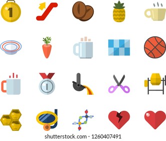 Color flat icon set concrete mixer flat vector, tile, scissors, dish, coffee beans, carrot, tea, pineapple, honeycomb, metallurgy, dna, medal, basketball, escalator fector, swimming mask, heart