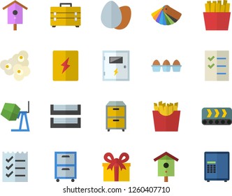 Color flat icon set concrete mixer flat vector, tool bag, color scheme, switch box, egg, French fries, popcorn, nesting, conveyor, present, to do list, paper tray, archive, safe fector