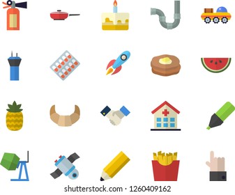 Color flat icon set concrete mixer flat vector, pipes, frying pan, croissant, watermelon, cake, French fries, pineapple, pancakes, rocket, marker, pill packaging, hospital, agreement, pencil