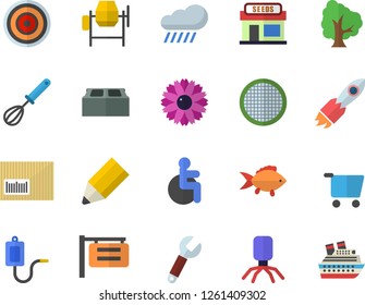 Color flat icon set concrete mixer flat vector, brick, whisk, induction cooker, sieve, fish, tree, flower, grain warehouse, rain, wrench, grocery trolley, signboard, rocket, barcode, medical warmer