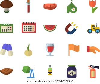 Color flat icon set concrete mixer flat vector, potholder, chop, watermelon, onion, wine, jam, canape, mushroom, tractor, tulip, magnet, flag, calendar, pills, blood test, fire extinguisher