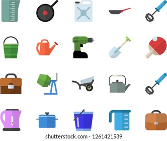 Color flat icon set concrete mixer flat vector, drill screwdriver, saucepan, frying pan, teflon, meashuring cup, teapot, electric kettle, whisk, shovel, watering can, bucketful, garden wheelbarrow