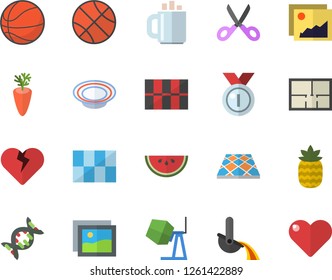 Color flat icon set concrete mixer flat vector, house layout, tile, flooring, scissors, watermelon, dish, carrot, pineapple, metallurgy, coffee, dna, medal, basketball, gallery, heart