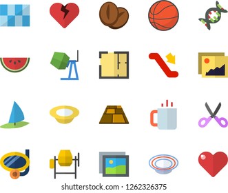 Color flat icon set concrete mixer flat vector, house layout, tile, flooring, scissors, watermelon, dish, coffee beans, tea, dna, basketball, escalator fector, swimming mask, windsurfing, gallery