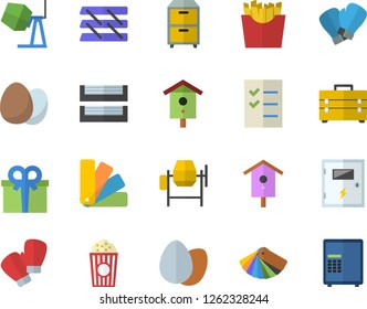 Color flat icon set concrete mixer flat vector, tool bag, color scheme, switch box, egg, French fries, popcorn, nesting, present, to do list, paper tray, archive, boxing gloves, safe fector