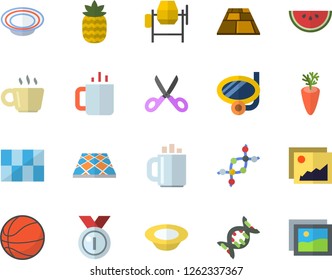 Color flat icon set concrete mixer flat vector, tile, flooring, scissors, watermelon, dish, carrot, tea, pineapple, coffee, dna, medal, basketball, swimming mask fector, gallery
