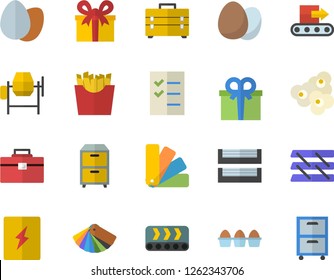 Color flat icon set concrete mixer flat vector, tool bag, color scheme, switch box, egg, French fries, popcorn, conveyor, present, to do list, paper tray, archive