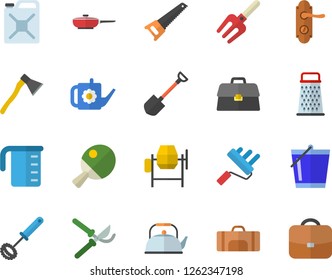 Color flat icon set concrete mixer flat vector, saw, paint roller, door lock, ax, frying pan, meashuring cup, teapot, whisk, grater, pitchfork, shovel, secateurs, watering can, bucketful, canister