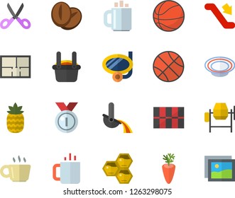 Color flat icon set concrete mixer flat vector, house layout, tile, scissors, dish, coffee beans, carrot, tea, pineapple, honeycomb, metallurgy, medal, basketball, escalator fector, swimming mask