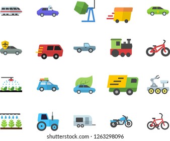 Color flat icon set concrete mixer flat vector, pickup truck, tractor, sprinkling machine, eco cars, electric, autopilot, trucking, express delivery, lunar rover, bicycle, train fector, car, trailer