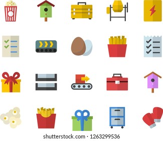 Color flat icon set concrete mixer flat vector, tool bag, switch box, egg, French fries, popcorn, nesting, conveyor, present, to do list, paper tray, archive, boxing gloves