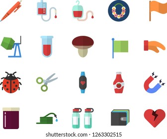 Color flat icon set concrete mixer flat vector, potholder, jam, ketchup, mushroom, ladybird, hose, purse, flag, blood transfusion, test, ampoule, pen, magnet, fitness bracelet, scissors, heart