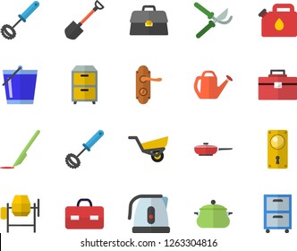 Color flat icon set concrete mixer flat vector, tool bag, door lock, saucepan, frying pan, electric kettle, whisk, shovel, secateurs, watering can, bucketful, garden wheelbarrow, canister, briefcase
