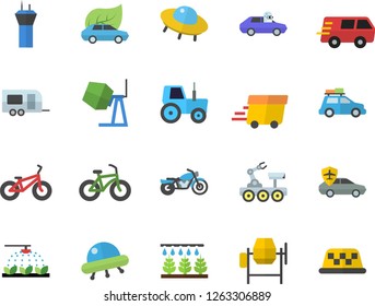 Color flat icon set concrete mixer flat vector, tractor, sprinkling machine, eco cars, autopilot, trucking, express delivery, lunar rover, ufo, bicycle, car fector, trailer, airport tower, taxi