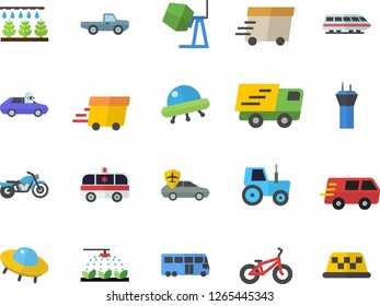 Color flat icon set concrete mixer flat vector, pickup truck, tractor, sprinkling machine, autopilot, trucking, express delivery, ambulance, ufo, bicycle, train fector, bus, airport tower, taxi
