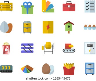 Color flat icon set concrete mixer flat vector, tool bag, color scheme, switch box, egg, French fries, popcorn, nesting, conveyor, present, to do list, paper tray, archive