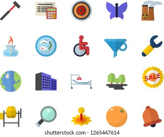 Color flat icon set concrete mixer flat vector, calculator, ax, induction cooker, orange, butterflies, earth, forest, laser, wrench, funnel, sell out, disabled, hospital bed, office building, bell