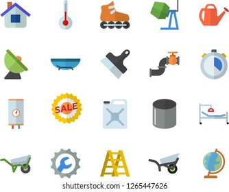 Color flat icon set concrete mixer flat vector, wheelbarrow, ladder, repair, putty knife, boiler, temperature, watering can, garden, house, main pipeline, canister, satellite antenna, sell out