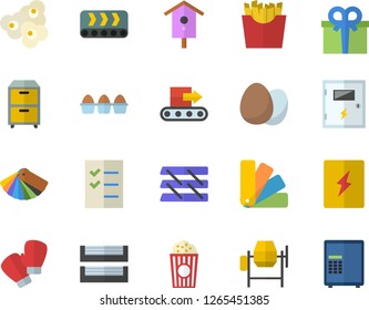 Color flat icon set concrete mixer flat vector, color scheme, switch box, egg, French fries, popcorn, nesting, conveyor, present, to do list, paper tray, archive, boxing gloves, safe fector