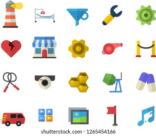 Color flat icon set concrete mixer flat vector, cogwheel, honeycomb, wrench, store front, lighthouse, funnel, trucking, calculator, pills, hospital bed, whistle, skipping rope, sports flag, gallery