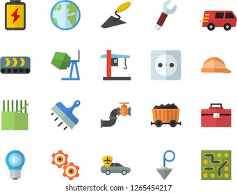 Color flat icon set concrete mixer flat vector, trowel, tool bag, hard hat, putty knife, construction plummet, battery, main pipeline, earth, lamp, socket, conveyor, fabric manufacture, crane