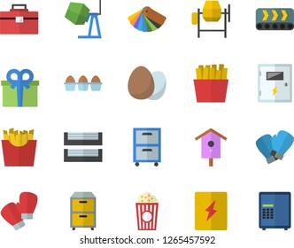 Color flat icon set concrete mixer flat vector, tool bag, color scheme, switch box, egg, French fries, popcorn, nesting, conveyor, present, paper tray, archive, boxing gloves, safe fector