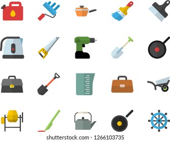 Color flat icon set concrete mixer flat vector, drill screwdriver, saw, paint brush, roller, putty knife, saute, teflon, meashuring cup, teapot, electric kettle, shovel, garden wheelbarrow, canister