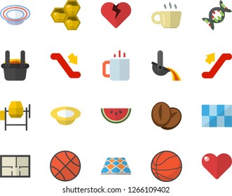 Color flat icon set concrete mixer flat vector, house layout, tile, flooring, watermelon, dish, coffee beans, tea, honeycomb, metallurgy, dna, basketball, escalator fector, heart
