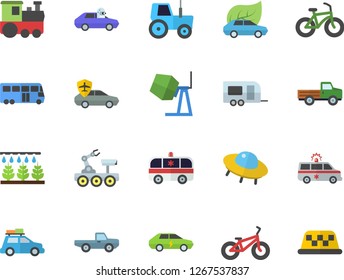 Color flat icon set concrete mixer flat vector, pickup truck, tractor, sprinkling machine, eco cars, electric, autopilot, ambulance, lunar rover, ufo, bicycle, train fector, car, trailer, bus, taxi