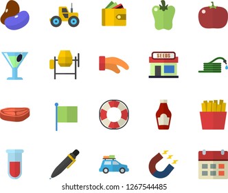 Color flat icon set concrete mixer flat vector, potholder, chop, ketchup, legumes, bell pepper, tomato, French fries, cocktail, grain warehouse, tractor, hose, magnet, purse, flag, blood test, pen