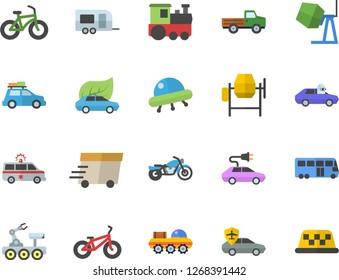 Color flat icon set concrete mixer flat vector, pickup truck, eco cars, electric, autopilot, express delivery, ambulance, lunar rover, ufo, bicycle, train fector, car, trailer, bus, motorcycle, taxi