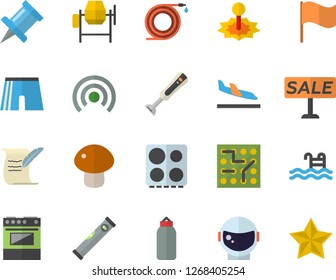 Color flat icon set concrete mixer flat vector, level meter, electric stove, blender, mushroom, hose, laser, flag, sell out, hostory roll, electronic circuit, astronaut helmet fector, sports pear