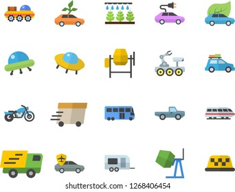 Color flat icon set concrete mixer flat vector, pickup truck, sprinkling machine, eco cars, electric, autopilot, trucking, express delivery, lunar rover, ufo, train fector, car, trailer, bus, taxi