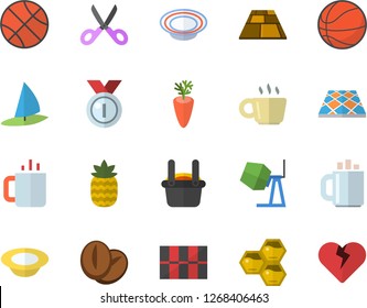 Color flat icon set concrete mixer flat vector, tile, flooring, scissors, dish, coffee beans, carrot, tea, pineapple, honeycomb, metallurgy, medal, basketball, windsurfing fector, heart