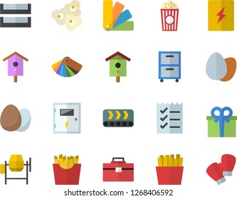 Color flat icon set concrete mixer flat vector, tool bag, color scheme, switch box, egg, French fries, popcorn, nesting, conveyor, present, to do list, paper tray, archive, boxing gloves