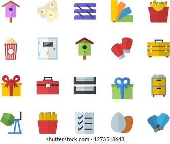 Color flat icon set concrete mixer flat vector, tool bag, color scheme, switch box, egg, French fries, popcorn, nesting, present, to do list, paper tray, archive, boxing gloves