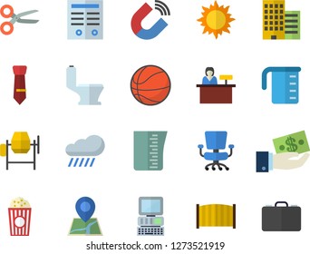 Color flat icon set concrete mixer flat vector, toilet, skyscraper, fence, meashuring cup, popcorn, sun, rain, magnet, investments, office chair, tie, contract, computer, basketball, scissors, case