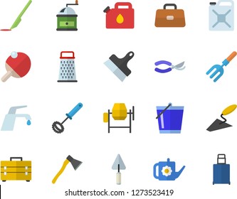 Color flat icon set concrete mixer flat vector, trowel, tool bag, putty knife, ax, faucet, whisk, coffee grinder, grater, pitchfork, secateurs, watering can, bucketful, canister, briefcase, scalpel