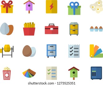 Color flat icon set concrete mixer flat vector, tool bag, color scheme, switch box, egg, French fries, popcorn, nesting, present, to do list, archive, safe fector