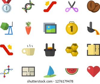 Color flat icon set concrete mixer flat vector, house layout, scissors, watermelon, coffee beans, carrot, honeycomb, metallurgy, dna, medal, escalator fector, windsurfing, gallery, heart