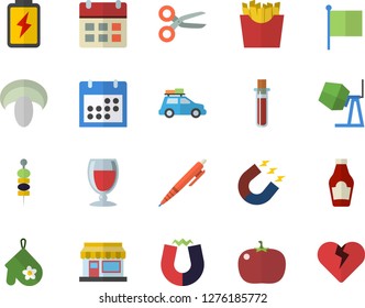 Color flat icon set concrete mixer flat vector, potholder, ketchup, mushroom, tomato, French fries, wine, canape, grain warehouse, battery, magnet, flag, blood test, calendar, pen, car fector, heart
