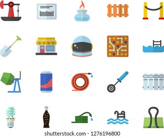Color flat icon set concrete mixer flat vector, heating batteries, kitchen spoon, lemonade, grain warehouse, shovel, hose, oil pumping, energy saving lamp, barcode, gas burner, electronic circuit
