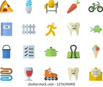 Color flat icon set concrete mixer flat vector, saucepan, hiking pot, towel, pizza, fish, ice cream, wine, carrot, radiator, tooth, broken, to do list, energy saving lamp fector, notebook, bicycle