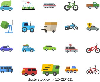 Color flat icon set concrete mixer flat vector, pickup truck, tractor, sprinkling machine, eco cars, electric, autopilot, trucking, express delivery, ambulance, lunar rover, bicycle, train fector