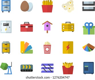 Color flat icon set concrete mixer flat vector, tool bag, color scheme, switch box, egg, French fries, popcorn, nesting, conveyor, present, paper tray, archive, safe fector