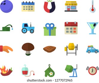 Color flat icon set concrete mixer flat vector, potholder, temperature, chop, hot peppers, cocktail, mushroom, grain warehouse, tractor, hose, present, blood transfusion, magnet, bowling ball