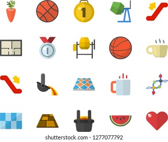 Color flat icon set concrete mixer flat vector, house layout, tile, flooring, watermelon, carrot, tea, metallurgy, coffee, dna, medal, basketball, escalator fector, heart